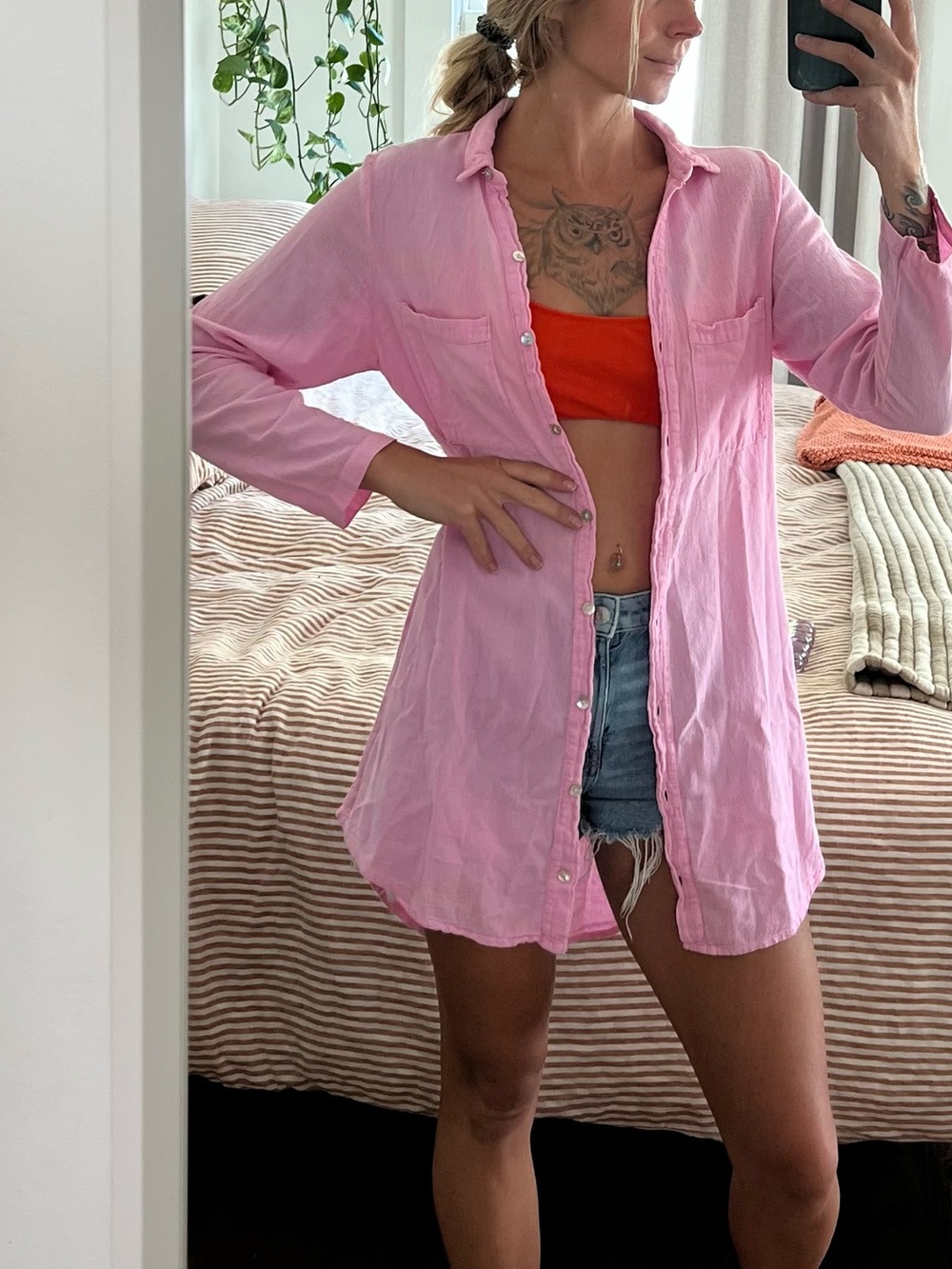100% Cotton Pink Long Sleeve Button Down Shirt | Beach/Pool Day, Swim Cover Up